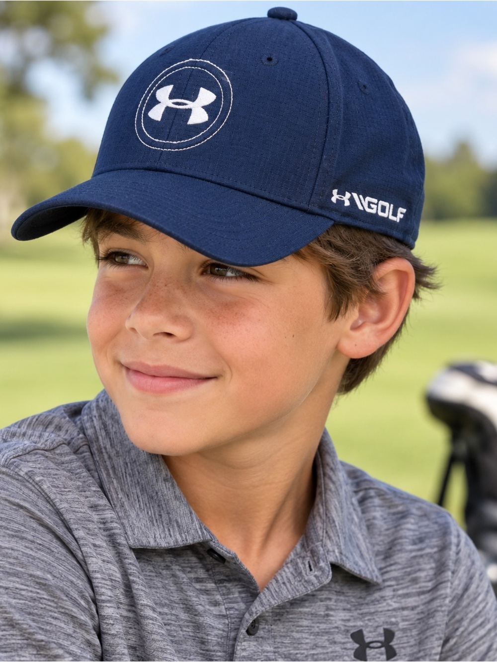 Under Armour Golf Youth XS/SM Navy Blue Stretch Fit Baseball Cap Hat Embroidered